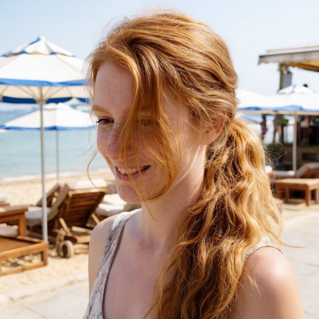 Authentic amateur photo of a beautiful adult woman standing at an Italian beach during vacation time. She wears appropriate clothing. It is noon. — Krea 2 Large