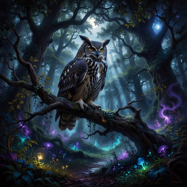 A majestic owl with ancient, knowing eyes perched on a gnarled branch within an ethereal forest. Moonlight filters through the dense canopy, illuminating swirling mists and glowing flora. The scene evokes a sense of deep mystery and ancient magic. Rendered in the style of magical realism with rich oil painting textures. — ImagineArt 1.5 Pro