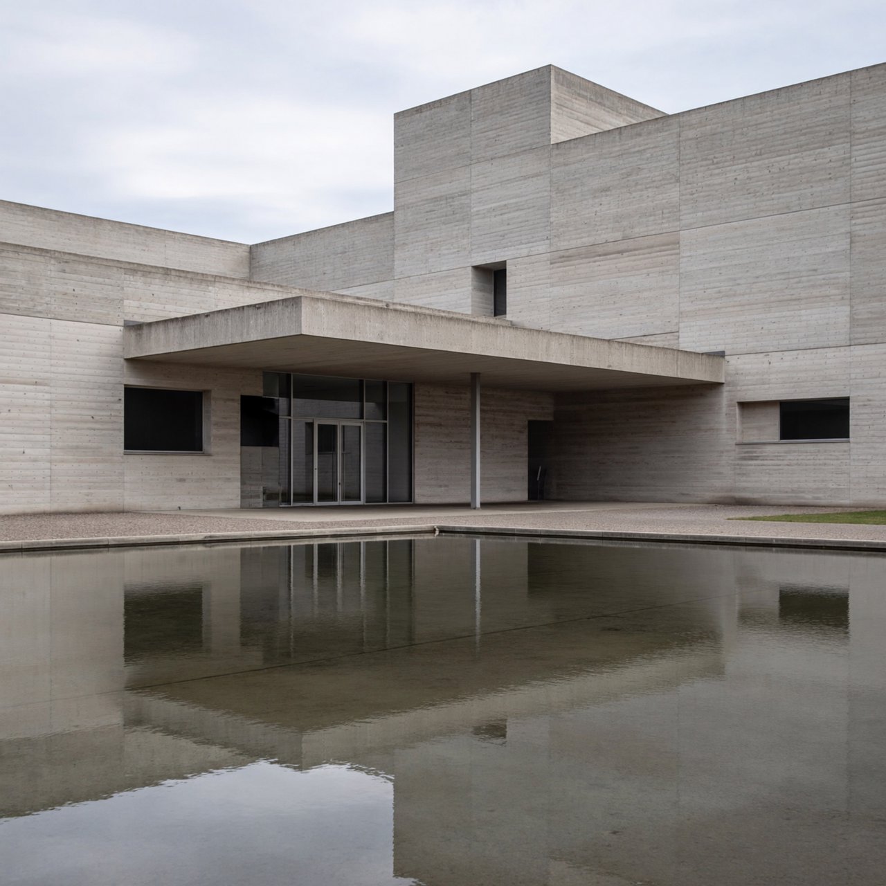 Exterior of a compact brutalist art museum, pale board-formed concrete, deep rectangular window recesses, a broad cantilevered entrance canopy, low reflecting pool, overcast afternoon light, viewed from a quiet plaza at eye level, crisp orthogonal architectural photography. — ImagineArt 2