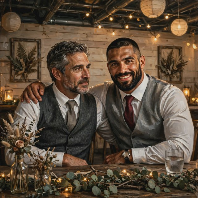 (Character1: rugby player body type, tall, brunet male, age 30, buzzcut hair and neatly groomed matching beard). Medium eye-level shot, photorealistic, two men seated at a wooden banquet table: the left middle-aged man wears a white dress shirt, charcoal waistcoat, and taupe tie, with his right arm on the table; the right man, Character1, smiles directly at the camera, wearing a white dress shirt, grey waistcoat, maroon tie, and a watch on his left wrist, with his left arm draped over the first man's shoulder. In the foreground: a table runner with eucalyptus sprigs, small fairy lights, a bottle holding flowers, a glass jar, and a water glass. Background: an exposed light horizontal wood plank wall with two decorative leaf panels, an exposed industrial ceiling with hanging paper lanterns, and fairy string lights. Warm, soft ambient overhead event lighting, natural indoor venue atmosphere, shallow depth of field. Art style: dramatic painterly realism with realistic skin texture, strong chiaroscuro, slightly gritty textured brushwork, fantasy illustration mood. — Muse Image 1.0