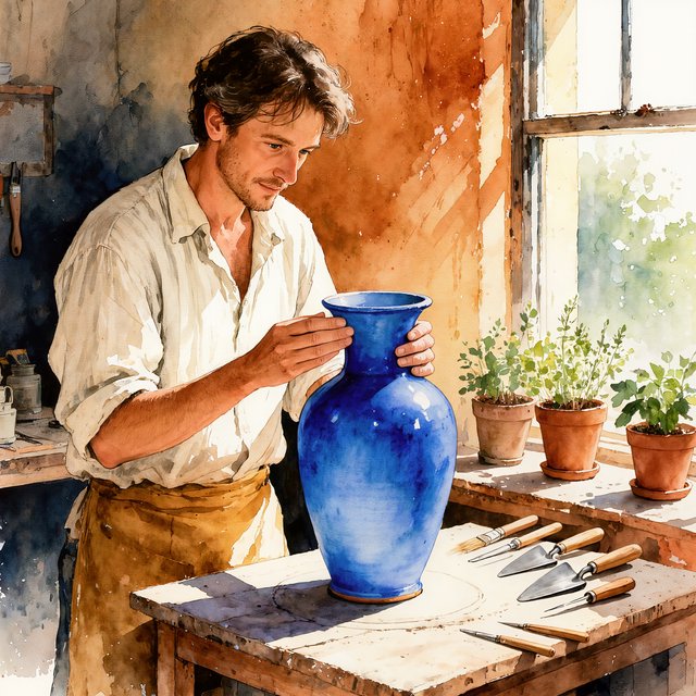 Watercolour illustration of an adult ceramicist shaping a luminous blue vessel beside an open workshop window, surrounded by clay tools, potted herbs, and sunlit terracotta walls. Palette of cobalt, ochre, sage, and cream, with soft flowing brushwork. — Kling v3