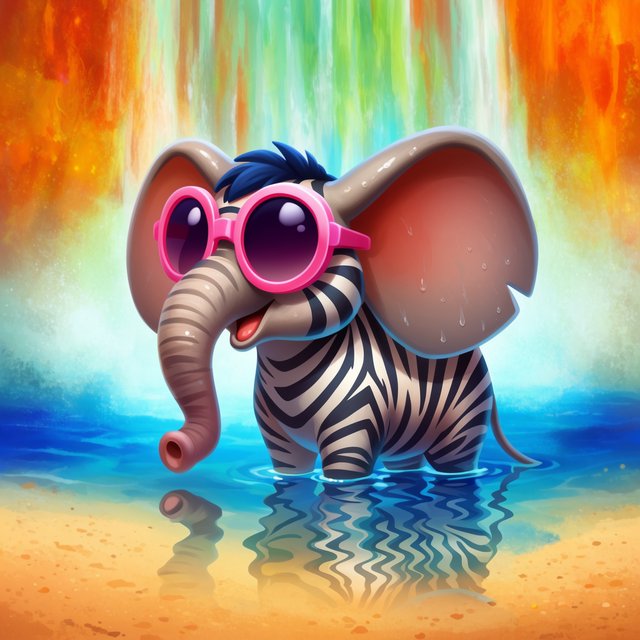 An adorable animal in a cartoon illustration, a cross between an elephant, a zebra, and a mouse. On the shore at the base of a magical waterfall flowing into a crystal-blue pond. Ripples create a wavy reflection in the water. — Krea 2 Large