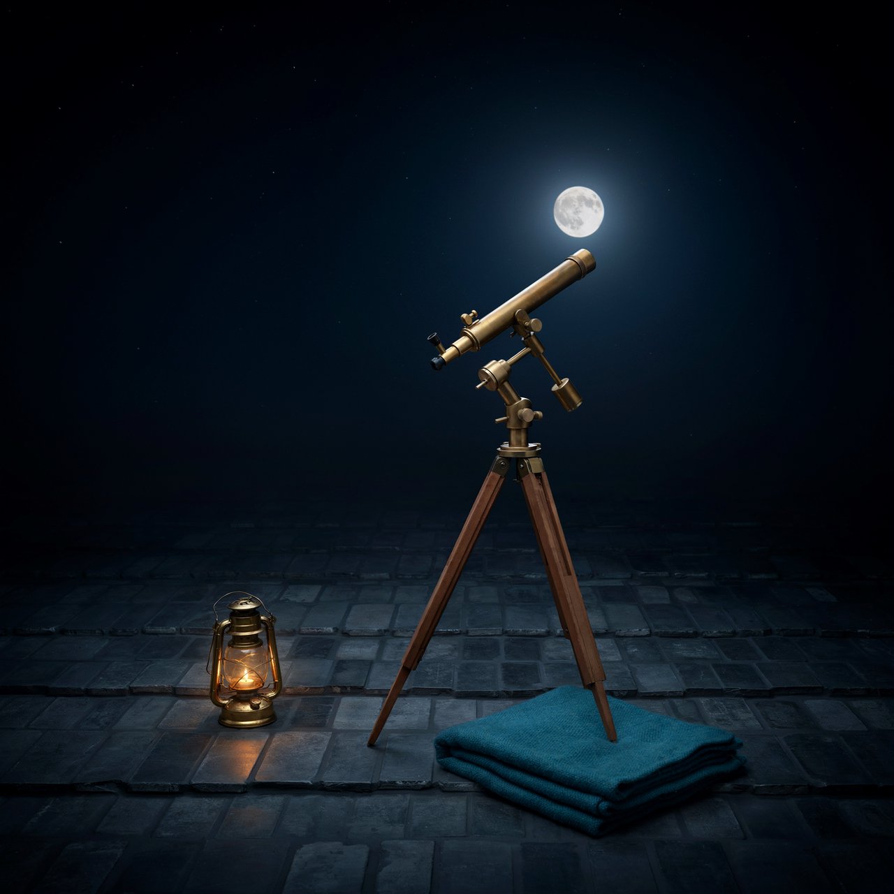 On a slate rooftop, exactly one brass telescope points east; one amber lantern sits to its left, one folded teal blanket lies beneath the tripod, and one pale moon hangs behind it in the clear sky, nothing else. — Ideogram v4