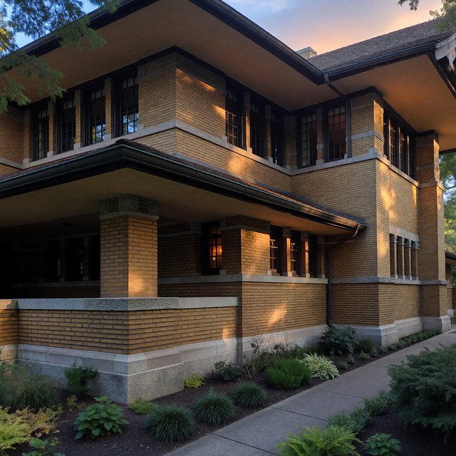Exterior of a Prairie School residence with broad overhanging eaves, warm brick, limestone courses, and ribbon windows; amber evening light grazes the facade, viewed obliquely from a garden path, with disciplined horizontal lines and credible structure. — ImagineArt 1.5 Pro