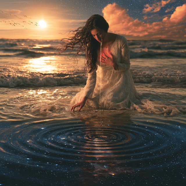 Cinematic, photorealistic artwork of a sorrowful young woman in a flowing ivory lace dress kneels in shallow surf at the waterline during sunset. Her long, windblown dark hair frames her downcast face; a tear flows down her cheek and into the water, one hand presses against her chest, glowing faintly crimson to suggest her still-beating heart, while her other fingertips touch the water. The world behind her remains beautiful: a golden sun shines over restless waves, seabirds cross the sky, and fiery peach clouds fade into star-filled indigo. In the wet sand, her reflection becomes a dark cosmic void. Stars ripple around a fading, ghostlike image of her partner deserting her and dissolving into darkness. The tear forms concentric ripples, disturbing an entire universe. Contrast warm golden life above with cool blue-black devastation below. Natural cinematic lighting, detailed water reflections, realistic anatomy, restrained grief. No text, borders, or collage. — Midjourney V8.2