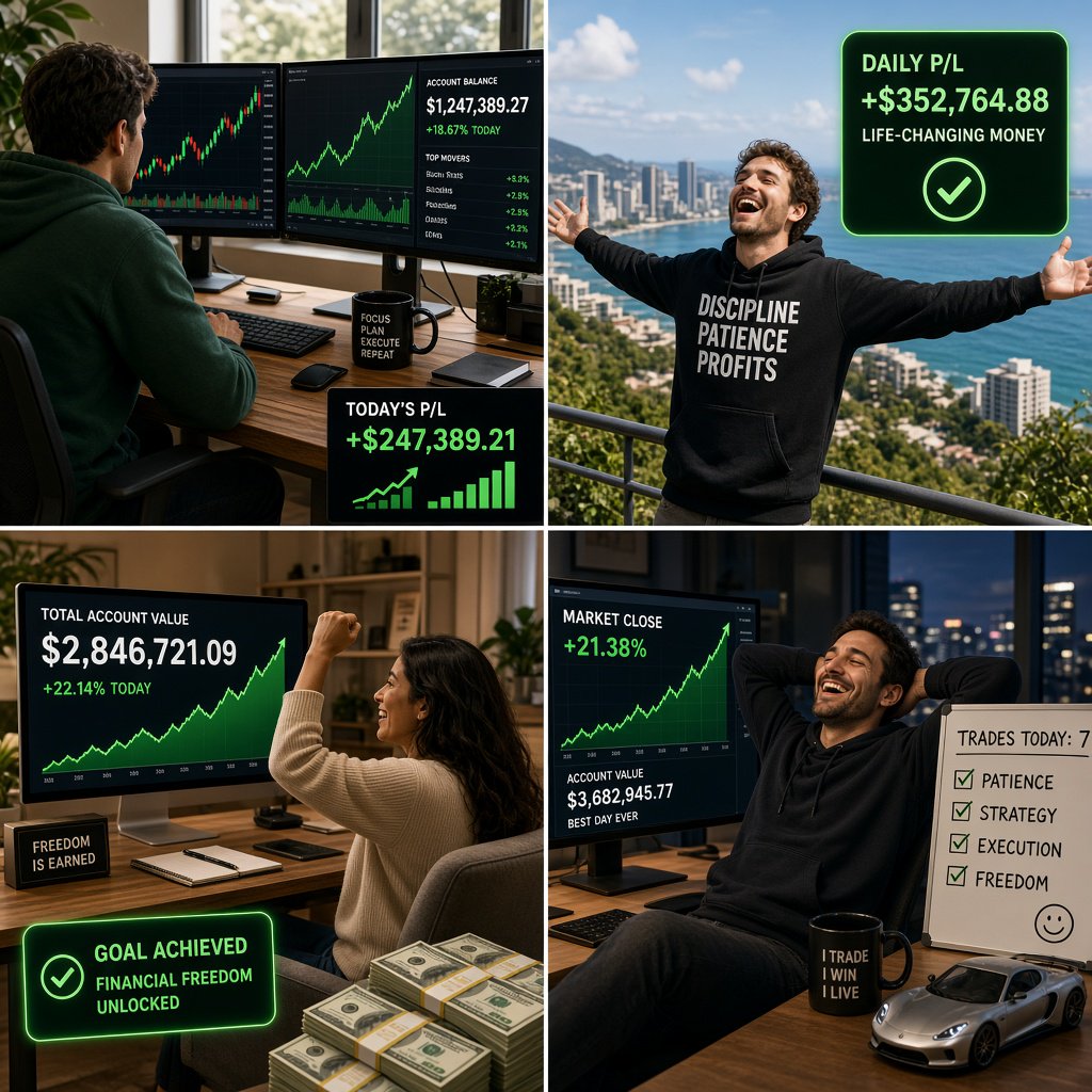 People making successful trades. A totally green day. Making a lot of money (life-changing money). At least 4 scenes. — Grok Imagine Image 2