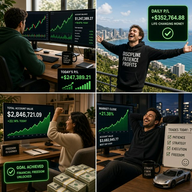 People making successful trades. A totally green day. Making a lot of money (life-changing money). At least 4 scenes. — Grok Imagine Image 2
