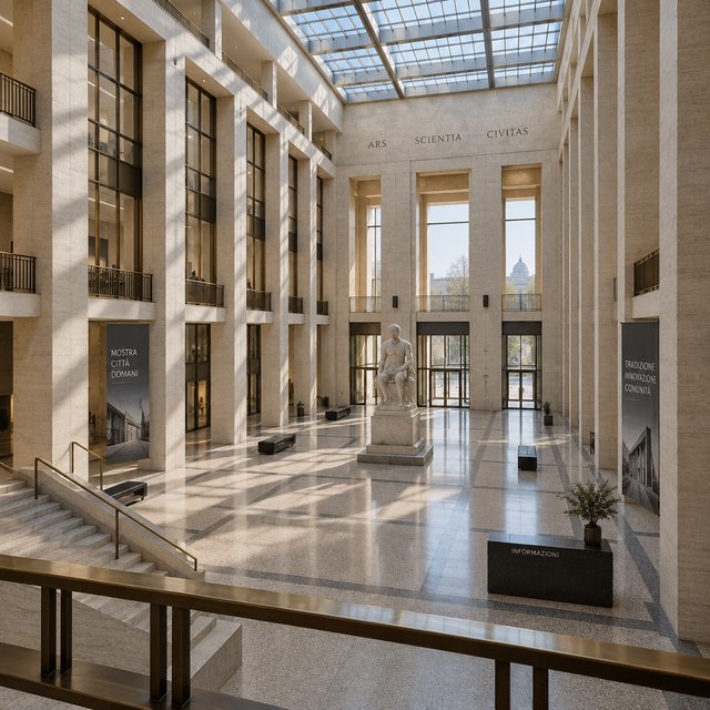 A soaring civic atrium in contemporary Italian Rationalist style pairs pale travertine, bronze mullions, and terrazzo beneath a glazed roof; cool morning light falls from above, viewed from a mezzanine, with aligned bays and credible supports. — GPT Image 2.5 Sunburst