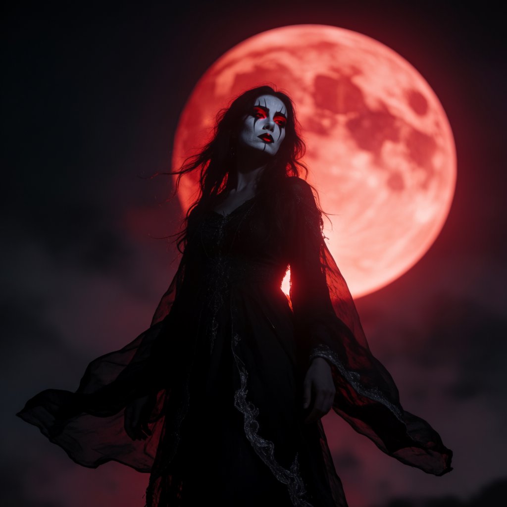 Captivating gothic goddess silhouetted against a blood red moon. Long dark hair blowing in a gentle breeze. Dramatic make-up. Ethereal black garment with silver details billowing in the breeze. Pensive expression. — Krea 2 Medium