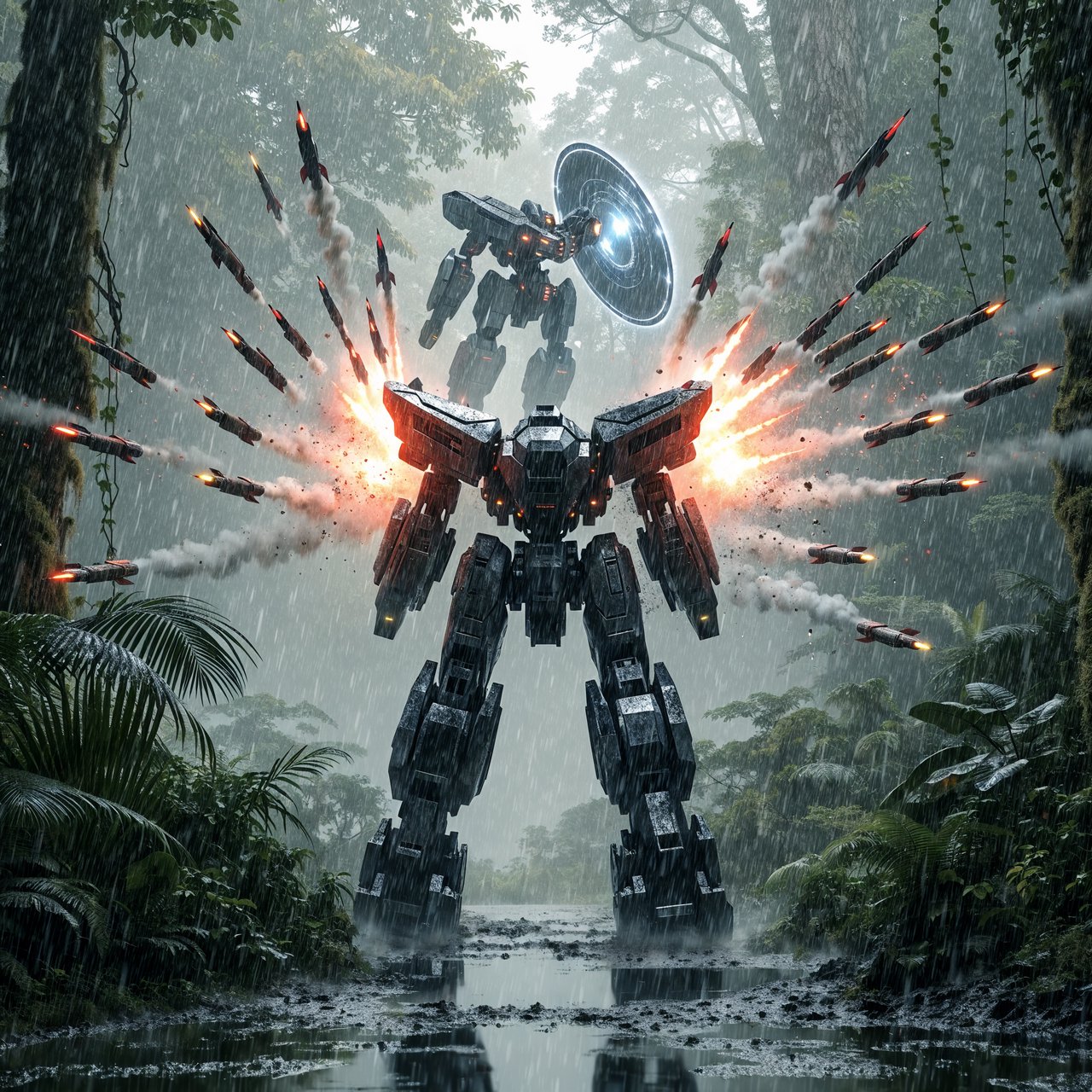 A dramatic cinematic scene of a towering 20-meter futuristic mecha standing in a dense forest, viewed from behind as the main focus. Its design is sleek, angular, and elegant, with a classic retro-futurist Japanese mecha aesthetic. Shoulder missile pods fire a volley of missiles toward an enemy mecha of a different but similarly styled design. The enemy mecha hovers in the air ahead, blocking the incoming missiles with a large arm-mounted energy shield. Dynamic action, smoke trails, forest scale, and intense battle atmosphere. — Recraft v4 Pro