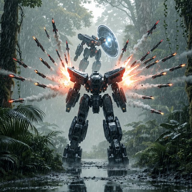 A dramatic cinematic scene of a towering 20-meter futuristic mecha standing in a dense forest, viewed from behind as the main focus. Its design is sleek, angular, and elegant, with a classic retro-futurist Japanese mecha aesthetic. Shoulder missile pods fire a volley of missiles toward an enemy mecha of a different but similarly styled design. The enemy mecha hovers in the air ahead, blocking the incoming missiles with a large arm-mounted energy shield. Dynamic action, smoke trails, forest scale, and intense battle atmosphere. — Recraft v4 Pro