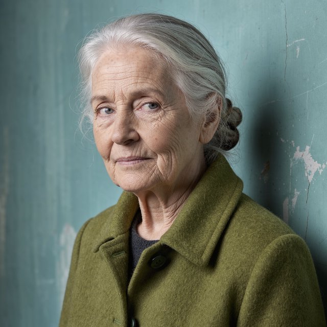 Beside a faded teal studio wall, a close-up fashion portrait frames an adult woman aged 68–76, her weathered skin softly detailed; she wears a moss-green wool coat and holds a calm, searching gaze in gentle side light. — Model 1