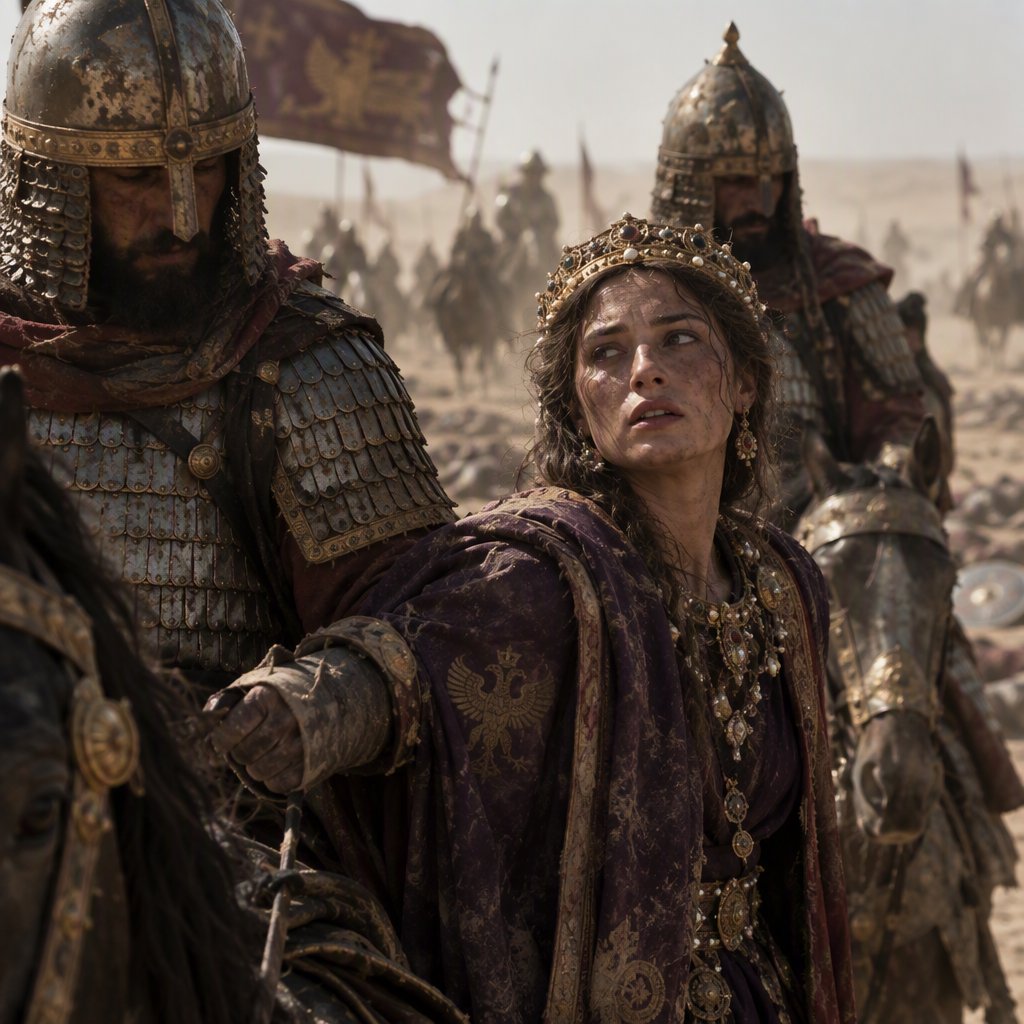 Film capture. Cinematic scene of the Byzantine empress being captured by Sassanid cataphracts. Harsh desert lighting. Shallow depth of field. The image takes place in the aftermath of a battle. All of the subjects are dusty and disheveled. — GPT Image 2.5 Flare