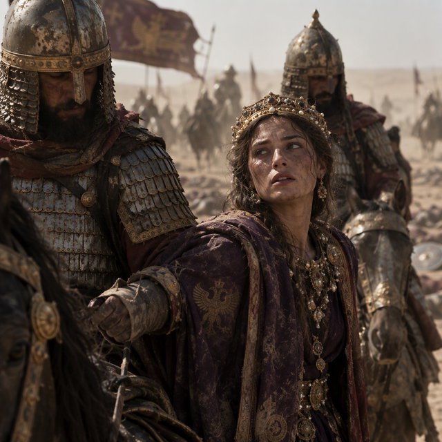 Film capture. Cinematic scene of the Byzantine empress being captured by Sassanid cataphracts. Harsh desert lighting. Shallow depth of field. The image takes place in the aftermath of a battle. All of the subjects are dusty and disheveled. — GPT Image 2.5 Flare