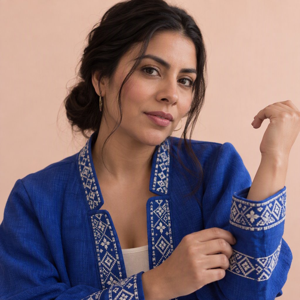 Fashion portrait of an adult Latina woman in her late 20s wearing a handwoven cobalt-blue cotton jacket, one hand touching its embroidered cuff, curious half-smile, against a pale peach studio backdrop, soft diffused window light shaping her face. — GPT Image 2.5 Sunburst