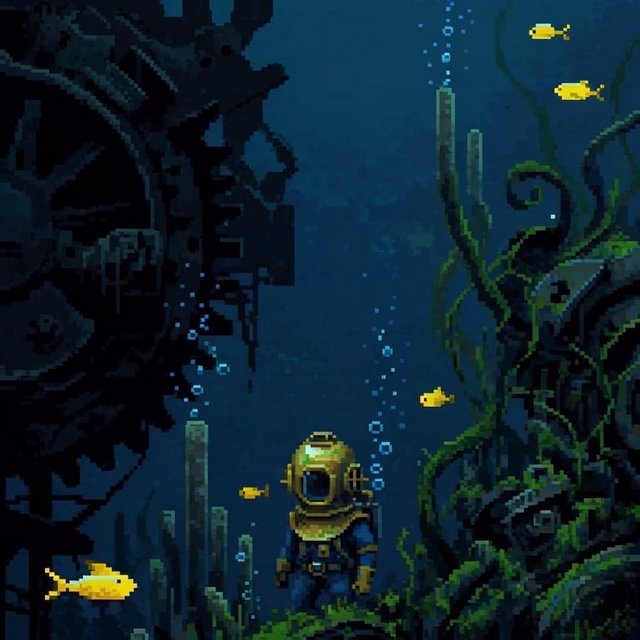 A brass-suited adult diver explores a submerged clockwork garden, where kelp curls around sunken gears and tiny fish glow in the dark; pixel art illustration, palette of teal, copper, midnight blue, and lemon yellow. — Krea 2 Large