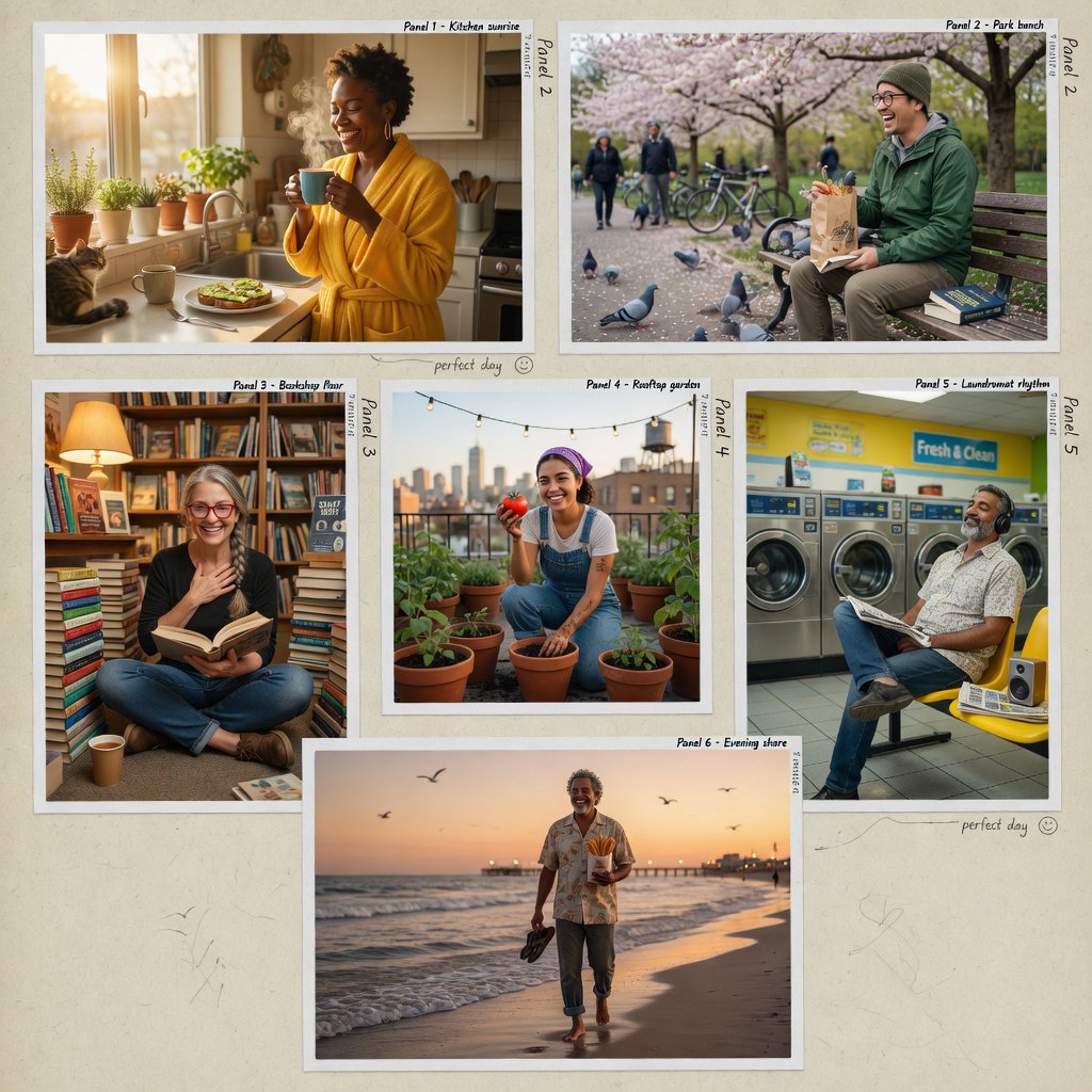 A realistic multi-panel composition with 4–7 panels, each depicting an adult enjoying a wonderful day in a distinct everyday setting. — Grok Imagine Image Quality