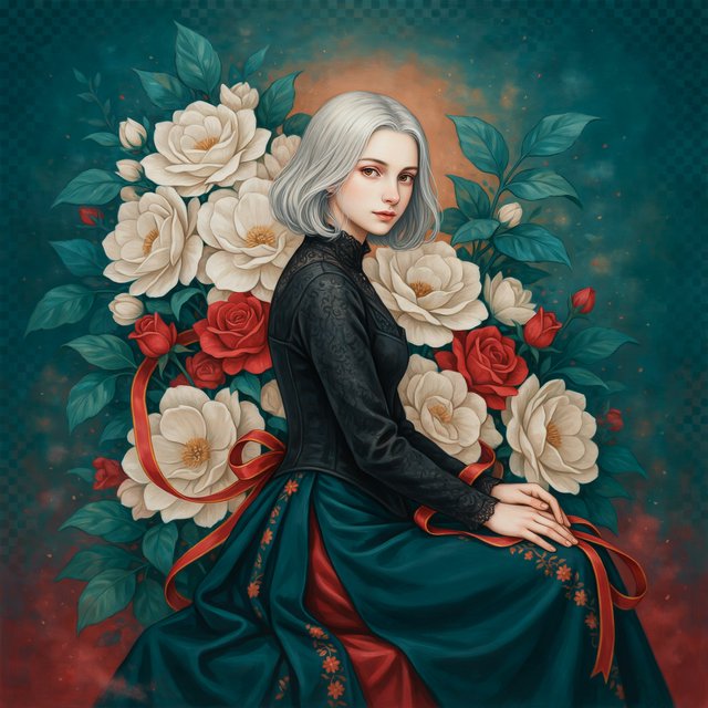 An elegant gothic woman sits sideways among oversized ivory blossoms, crimson roses, and dark teal foliage, turning toward the viewer with half-lidded amber eyes. She has a softly waved silver-white bob and a fitted black gown with lace, embroidered sleeves, and a sculpted corset. Deep-teal skirt folds reveal crimson lining and burnt-orange embroidery. Crimson ribbons with orange edging weave through the flowers, leaving breathing room around her pale face and hands. A deep-teal background fades into charcoal, with muted burnt-orange light behind her head, faint crimson haze below, and botanical shadows. Fine ordered dithering, delicate checkerboard patterns, and clustered pigment grains soften background transitions only; the woman and flowers remain smoothly painted. Crimson, deep teal, glowing orange, lacquer black, and warm ivory palette. Soft frontal fill, luminous hair, readable black fabric, subtle orange rim light, refined gothic anime, precise linework, dramatic floral framing — Ideogram v4