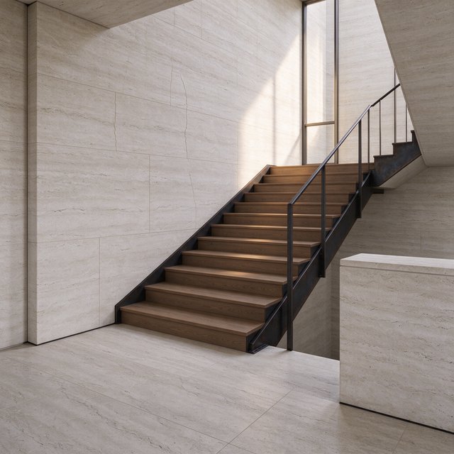 Beneath a pale limestone stairwell, a restrained mid-century modern interior frames a straight oak stair with blackened-steel stringers and limestone landings; afternoon clerestory light, viewed from the upper landing, reveals credible connections and aligned geometry. — Seedream 5.0 Flash