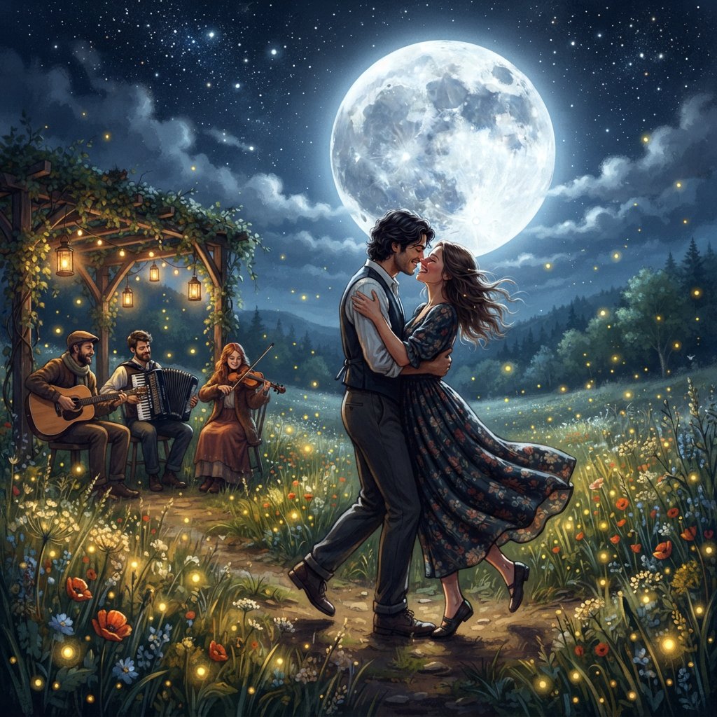An illustration of a young adult European couple sharing a kiss while dancing in a moonlit meadow, with tall grass, fireflies, musicians playing music, and a huge silver moon overhead. — Nano Banana 2 Lite