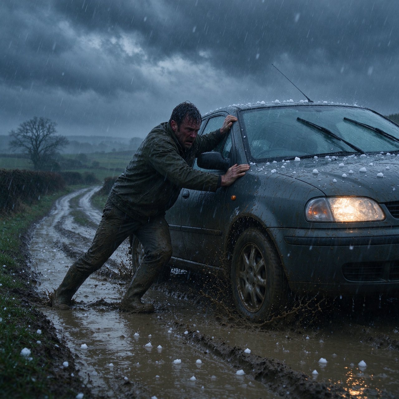 A man is pushing his car, which is stuck in the mud, amid heavy rain in the countryside. The sky is gloomy, and some hail is also falling on the car and the ground. The big man has mud all over his trousers. Show him struggling. — Seedream 5.0 Flash