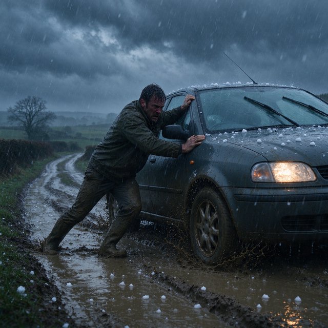 A man is pushing his car, which is stuck in the mud, amid heavy rain in the countryside. The sky is gloomy, and some hail is also falling on the car and the ground. The big man has mud all over his trousers. Show him struggling. — Seedream 5.0 Flash