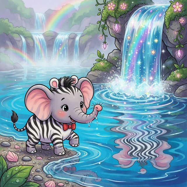 An adorable animal in a cartoon illustration, a cross between an elephant, a zebra, and a mouse. On the shore at the base of a magical waterfall flowing into a crystal-blue pond. Ripples create a wavy reflection in the water. — Grok Imagine Image Quality