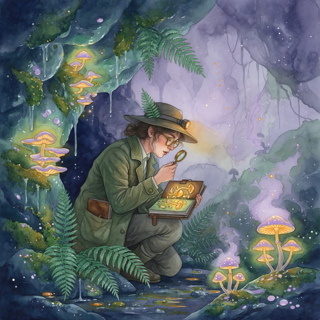 Watercolour illustration of an adult botanist studying luminous fungi in a misty cave, with fern fronds, glistening stone and drifting spores. Palette of jade, lilac, amber, and deep indigo, with translucent washes. — Grok Imagine Image Quality
