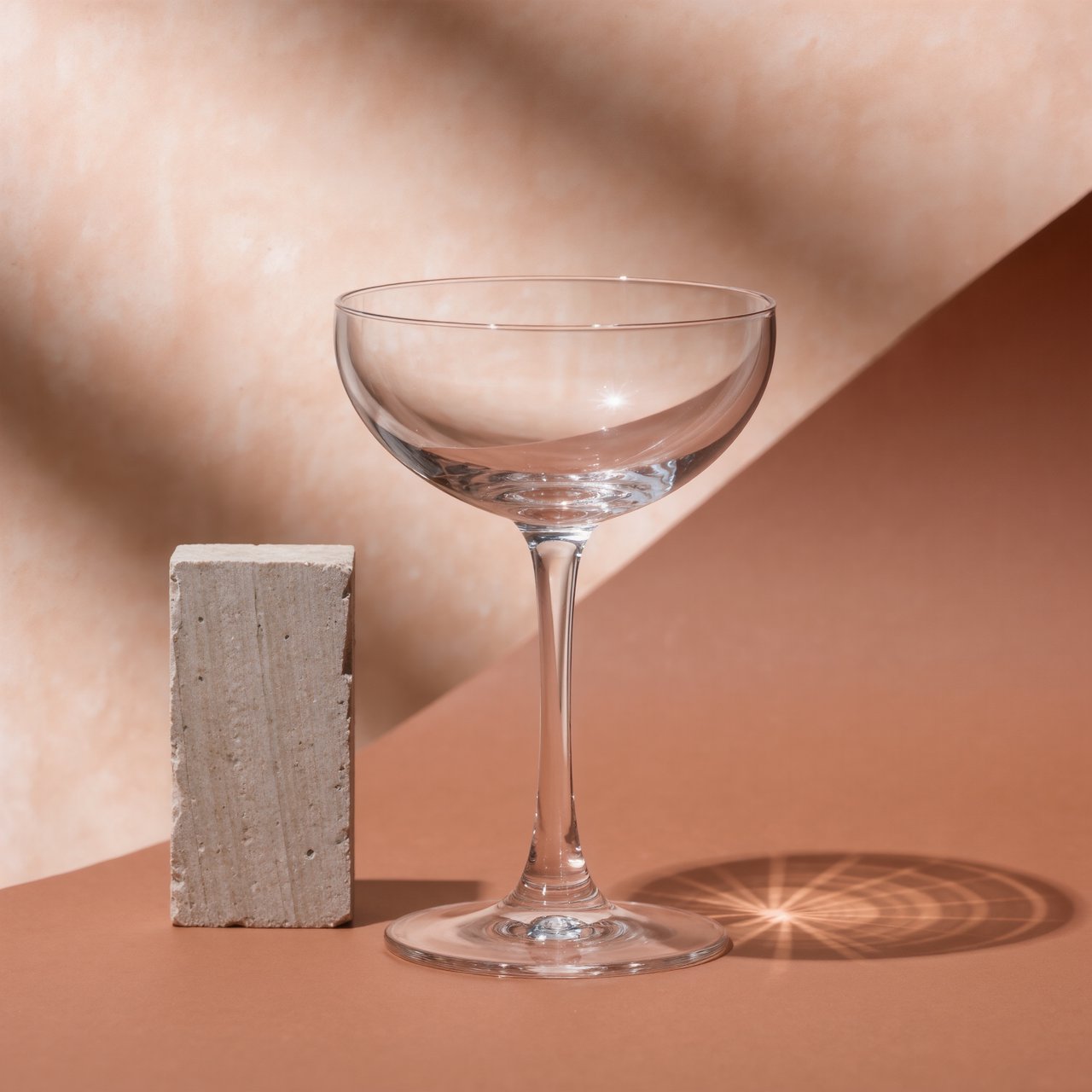 Beside a pale limestone block, an unbranded handblown cocktail coupe in clear soda-lime glass catches crisp window-shaped highlights; its curved bowl bends a muted apricot backdrop under broad diffused key light and narrow cool rim lighting, commercial product image, no lettering. — Kling v3 Omni