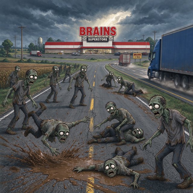 Several weird-looking zombies, some cross-eyed and some wide-eyed, are heading towards a superstore far ahead named "Brains". The superstore is located beside a highway with some trucks driving along it. The zombies are on a rural road connecting to the highway. There are patches of mud in one place on the rural road. The zombies are slipping on the mud and falling—some on their faces, some on their backs, and some on top of other zombies. A couple of fallen zombies are crawling up to the highway, where speeding trucks are passing by. Make it dramatic but funny. — Model 18
