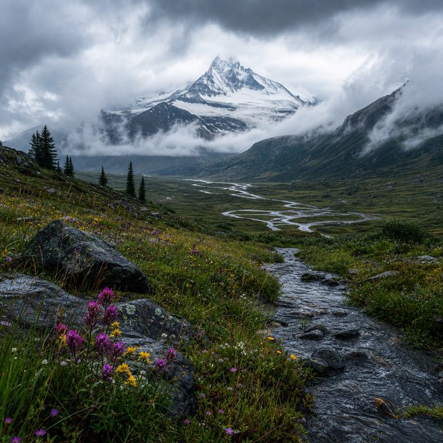 A windswept alpine meadow beneath heavy morning clouds, fresh rain darkening the grasses, a braided stream winding toward distant snowcapped peaks, tiny wildflowers and wet stones sharpening the foreground texture and layered depth. — GPT Image 2
