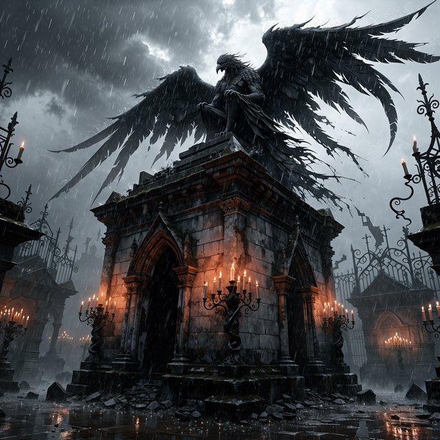 A majestic fallen angel with wings like a dark, tattered cloak, poses dramatically on a crumbling, Victorian-era inspired graveyard tomb, surrounded by twisted, black ironwork and flickering, orange candelabras, as if plucked from a haunting, nightmare. — Recraft v4 Pro