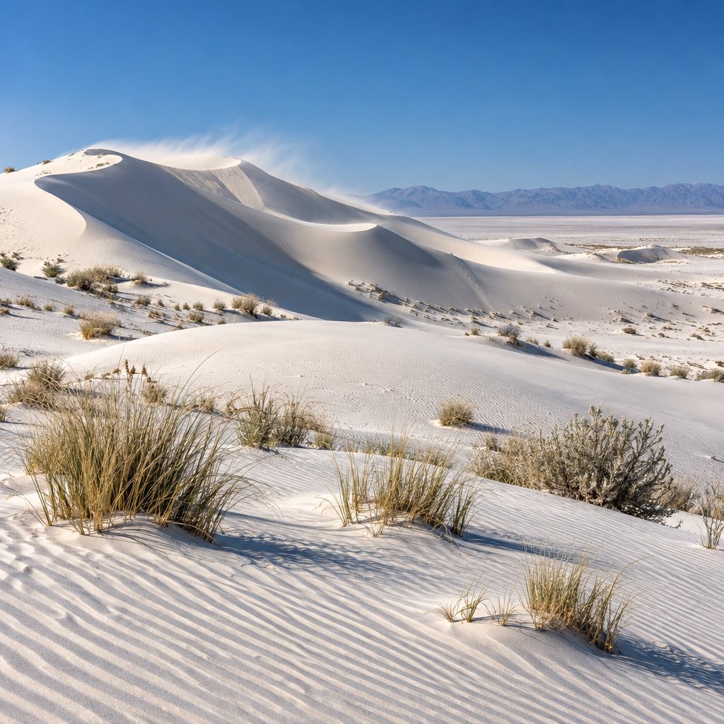 A pale gypsum dune field beneath a wind-brushed, cloudless midday sky, fine sand streaming over steep ridges; delicate ripple patterns and scattered salt-tolerant grasses sharpen the foreground as dunes soften toward a distant basin. — GPT Image 2.5 Sunburst