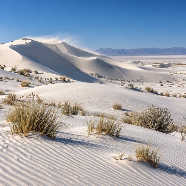 A pale gypsum dune field beneath a wind-brushed, cloudless midday sky, fine sand streaming over steep ridges; delicate ripple patterns and scattered salt-tolerant grasses sharpen the foreground as dunes soften toward a distant basin. — GPT Image 2.5 Sunburst