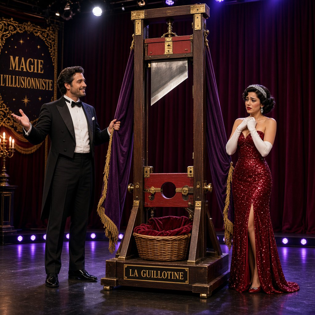 A magician's act on a well-lit stage. A well-dressed magician and glamorous adult female assistant have just unveiled the magician's guillotine. The adult female assistant fakes a worried look, knowing she will shortly participate in the illusion. — Grok Imagine Image 2