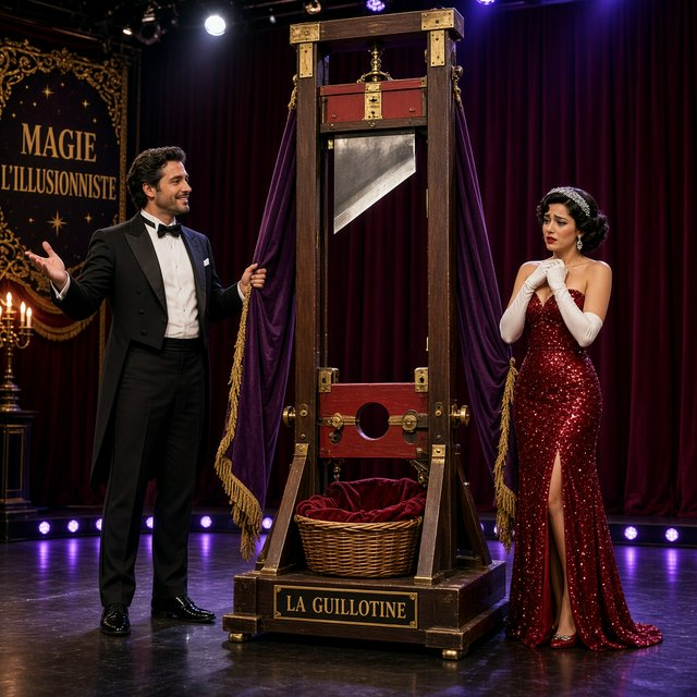 A magician's act on a well-lit stage. A well-dressed magician and glamorous adult female assistant have just unveiled the magician's guillotine. The adult female assistant fakes a worried look, knowing she will shortly participate in the illusion. — Grok Imagine Image 2