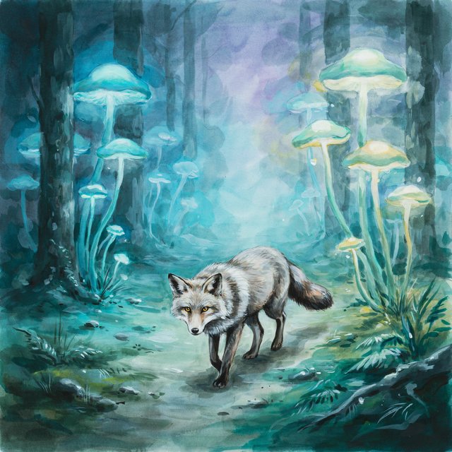 A solitary fox with fur like molten moonlight walks through an ethereal forest. Towering, bioluminescent fungi illuminate the path, casting an otherworldly glow. The style is reminiscent of early 20th-century magical realism, with bold, gestural brushstrokes akin to abstract expressionism, and a watercolor-like diffusion of light. — Model 8