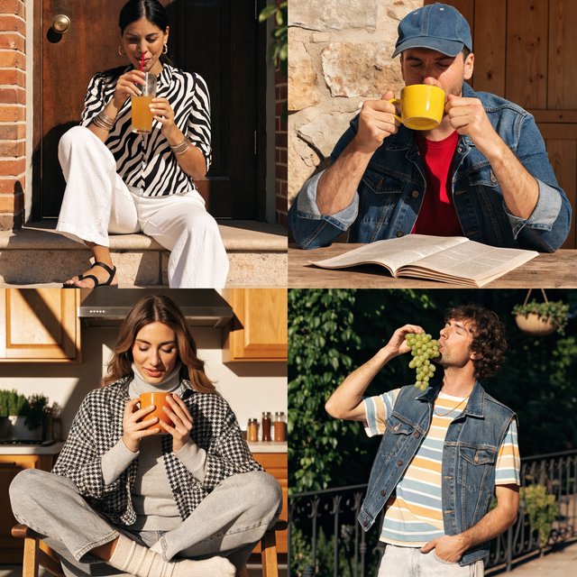 A realistic multi-panel composition with 4–7 panels, each depicting an adult enjoying a wonderful day in a distinct everyday setting. — Recraft v4 Pro
