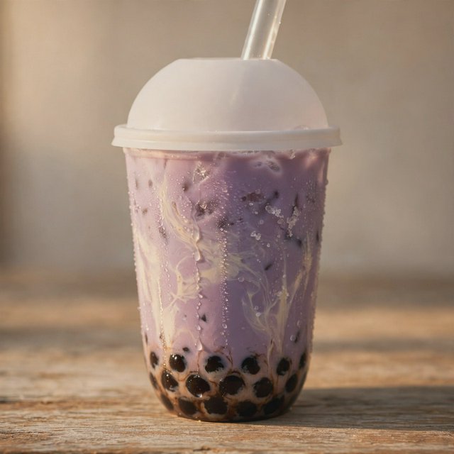 Photorealistic product shot of iced taro bubble tea in a clear frosted plastic cup, condensation beading down curved sides, wide clear straw piercing matte white domed lid. Plump dark brown tapioca pearls settled at the base, swirled creamy purple tea with soft marbled cream streaks, fine ice crystals glinting inside. Resting on weathered light oak table, soft golden hour side lighting casting gentle long shadows, warm neutral beige background. Shallow depth of field, sharp focus on glass texture and pearl details, professional food photography aesthetic, soft moody warm colour palette with rich lavender and caramel tones. — Muse Image 1.0