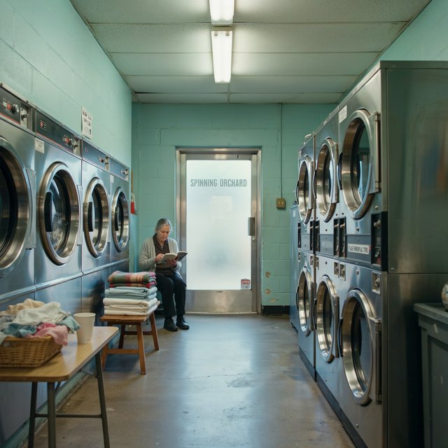 Inside a quiet neighborhood laundromat, chrome machines and folded linen glow beneath cool ceiling lights; "SPINNING ORCHARD" is printed in pale mint letters on the frosted glass entry door. — Ideogram v4