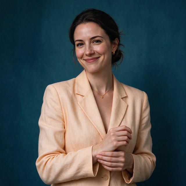 Portrait photograph of an adult woman in her early 30s wearing a pale apricot linen blazer, her hands gently smoothing its cuff. She looks quietly delighted against a deep teal paper backdrop, illuminated by soft, angled studio light. — Seedream 5.0 Flash