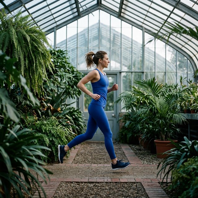 Across a quiet greenhouse path, an adult woman in a cobalt fitness set is caught mid-stride on a morning run, cool dawn light tracing her focused profile; clean lines and poised styling evoke a fashion magazine. — Model 14
