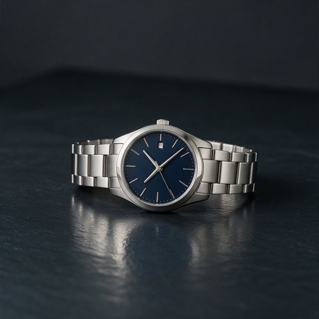Product shot of a minimalist steel wristwatch with a navy dial on dark slate, single softbox from the upper left, subtle reflection. — Seedream 5.0 Pro