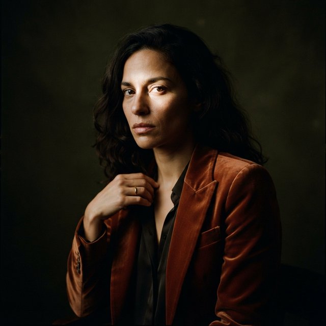 Her guarded gaze catches a solitary beam in a low-key fashion portrait: an adult woman aged 27–35 wears a rust-colored velvet blazer, the rest of her face falling into shadow against a deep olive backdrop. — Nano Banana 2 Lite