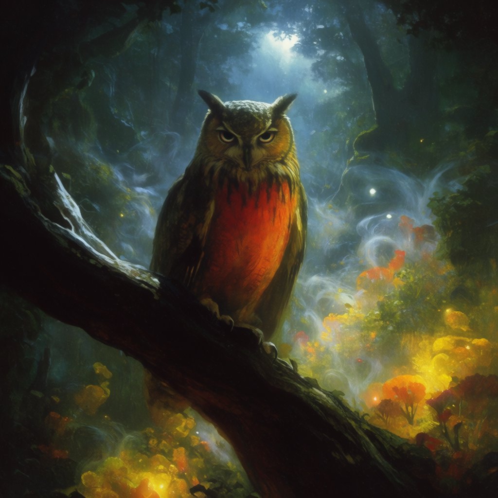 A majestic owl with ancient, knowing eyes perched on a gnarled branch within an ethereal forest. Moonlight filters through the dense canopy, illuminating swirling mists and glowing flora. The scene evokes a sense of deep mystery and ancient magic. Rendered in the style of magical realism with rich oil painting textures. — Krea 2 Large