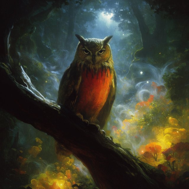 A majestic owl with ancient, knowing eyes perched on a gnarled branch within an ethereal forest. Moonlight filters through the dense canopy, illuminating swirling mists and glowing flora. The scene evokes a sense of deep mystery and ancient magic. Rendered in the style of magical realism with rich oil painting textures. — Krea 2 Large