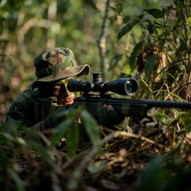 An adult sniper concealed in dense jungle foliage, aiming at a distant target, with a close-up view of his focused face. — Model 10