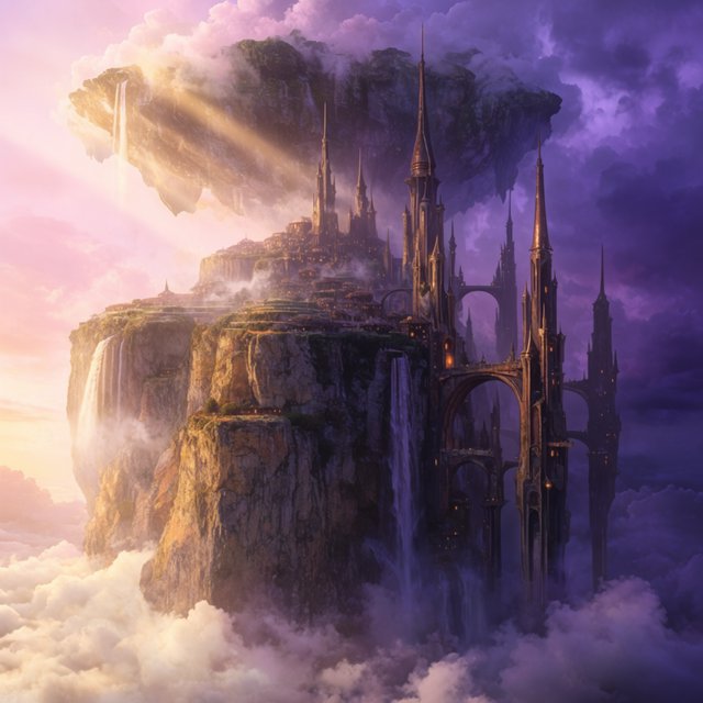A colossal cliffside monastery hangs beneath a floating island, its waterfalls falling into luminous cloud seas. Bronze bridges connect needle towers, while dawn rays pierce violet storms and tiny windows glow above an endless abyss. — Krea 2 Large