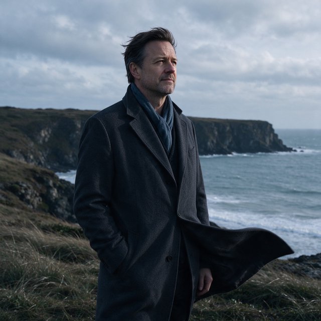 Wind lifts the hem of a charcoal wool coat as an adult man in his late 40s keeps a pensive gaze. The portrait frames him against a windswept coastal bluff beneath cool, cloud-filtered daylight. — Seedream 5.0 Flash