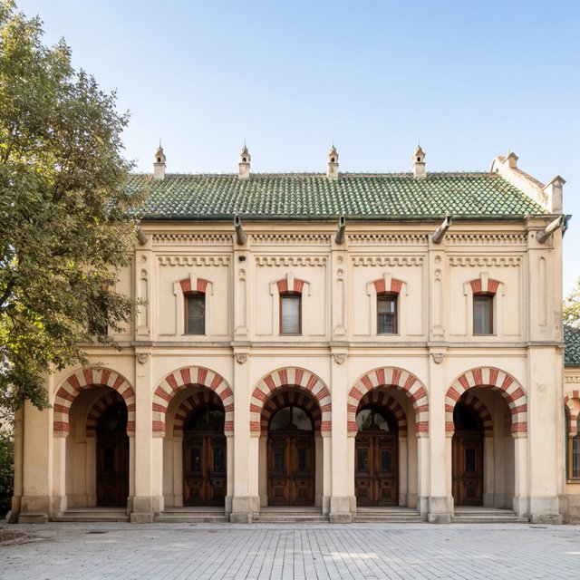 Exterior of a Moorish Revival municipal bathhouse, pale buff stucco, striped brick arches, green glazed tile roof and carved cedar doors; clear morning light, viewed across a paved courtyard, with coherent structure and crisp lines. — Krea 2 Large